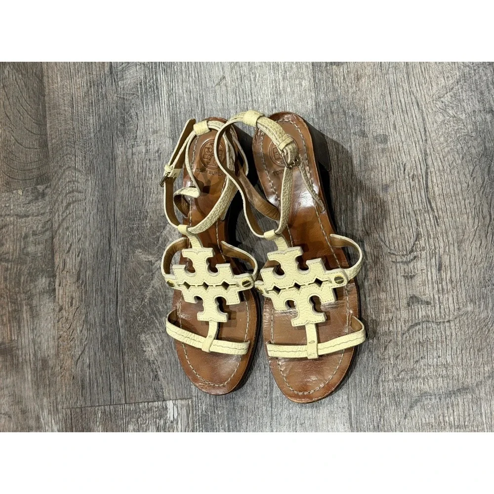 Tory Burch Miller Block Heel Sandals Cream Leather Logo Ankle Strap Womens 7.5M